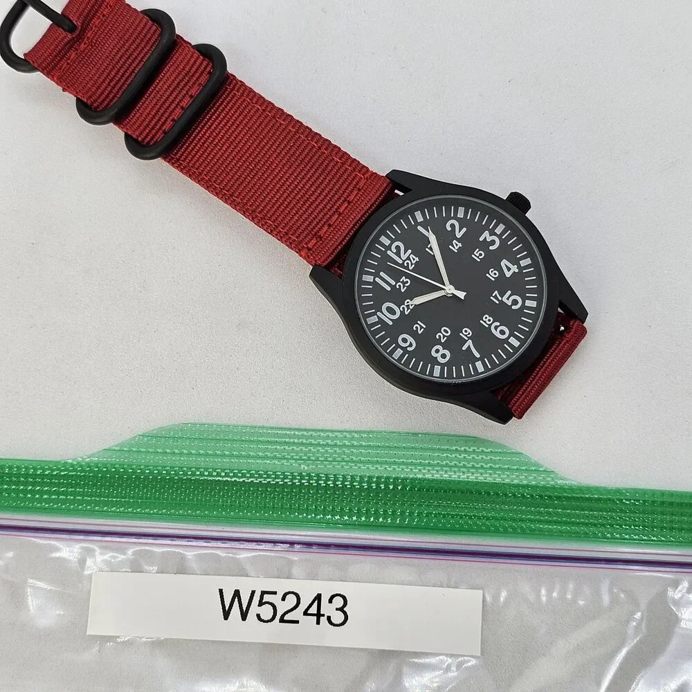 Men's Field Military Watch 42MM Black‎ Case Black Dial Red Canvas Band Straps